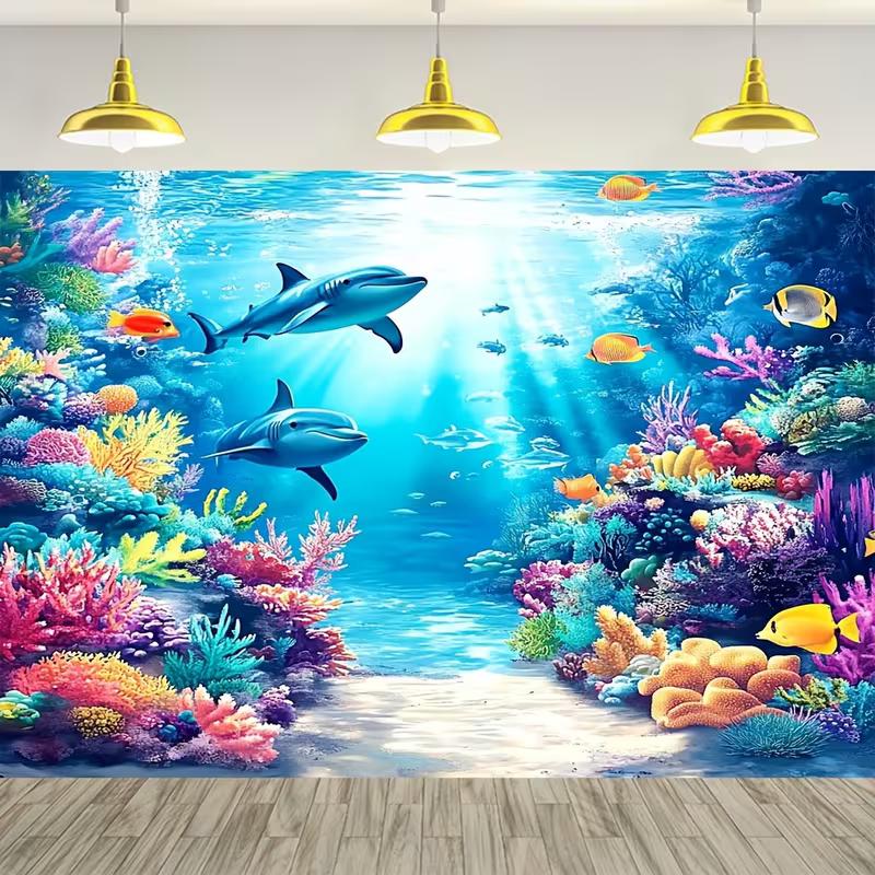 2D Underwater Dolphin Tapestry, Blue Ocean with Coral Reef & Tropical Fish Wall Decor 47.2x31.5inch/120*80cm