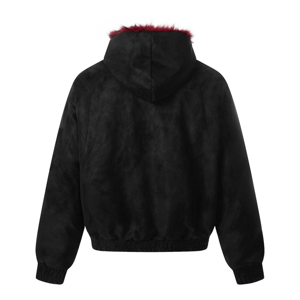 2025 Winter Weinrot Retro Kapuzenmantel mit Pelzkragen Baumwollmantel - Kurzer Reißverschluss Breite Jacke