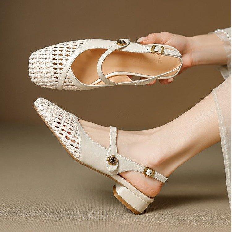 French beautiful woven hollow bag head sandals women's 2025 new summer low heel thick heel explosion Mary Jane sandals