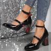 New large size rose thick heel high heels Mary Jane shoes retro single shoes women