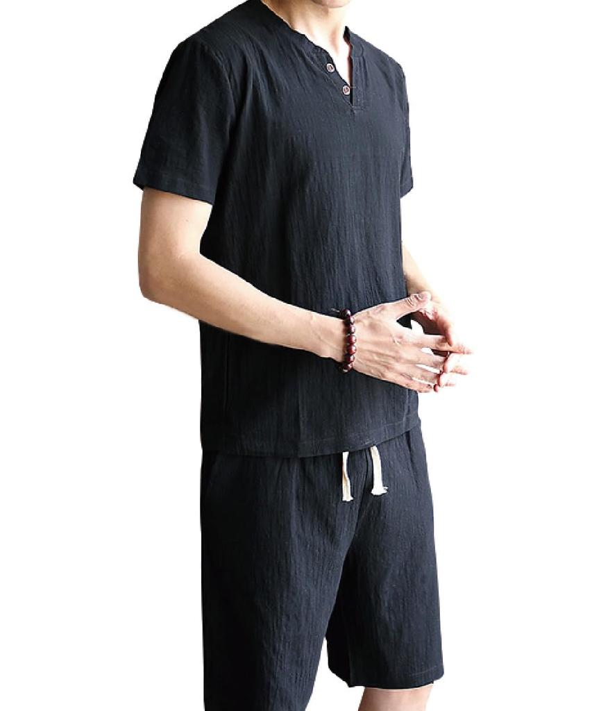 Three Joy Pajama Short and Summer Size L Men's Set, Loungewear, T-shirt, Sleeves, Shorts, Pants, 100% Cotton, Wear, Black,