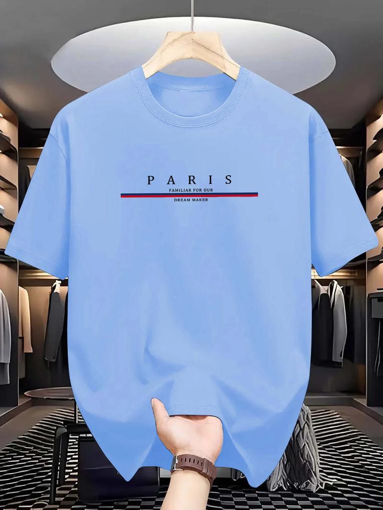 Summer casual men's 100% pure cotton Parisian letter print soft, fashionable and comfortable round-neck short-sleeved T-shirt me