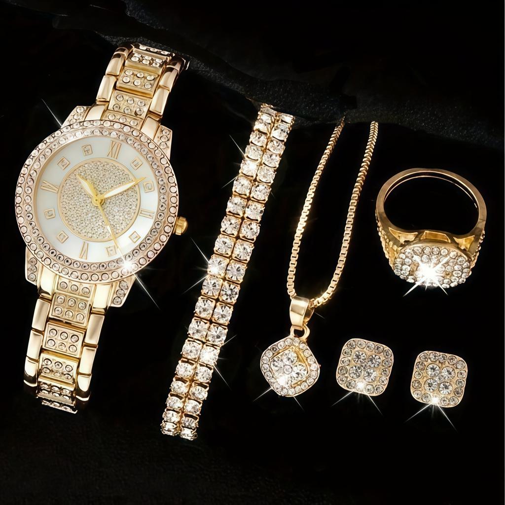 Ladies Cornucopia Diamond Watch Set, Popular 5pcs Bracelet Accessories Fashion Quartz European Beautiful Women Watch Set