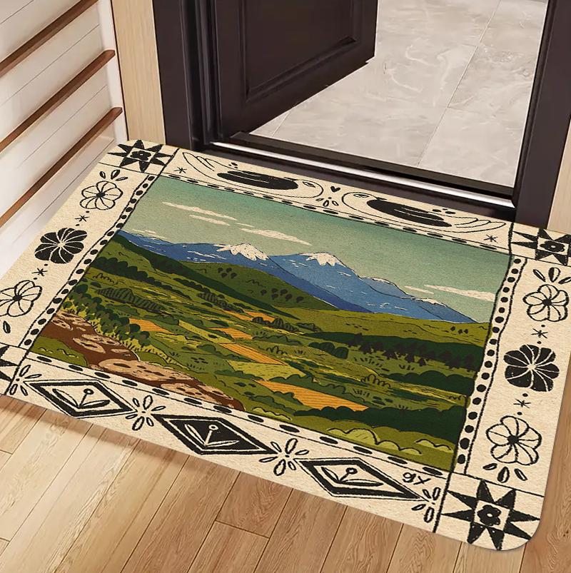 

Modern Simple Retro Scenic Floral Border Doormat Wear-Resistant Soft Dustproof Decorative for Entrance Door Rectangle Available 40x60cm