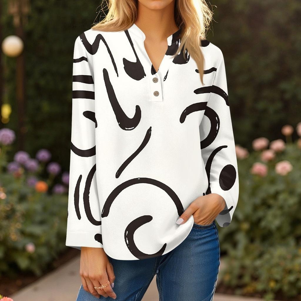 Women's Fashionable And Casual Shirt Long Sleeve V-neck Button Printed Blouse Top