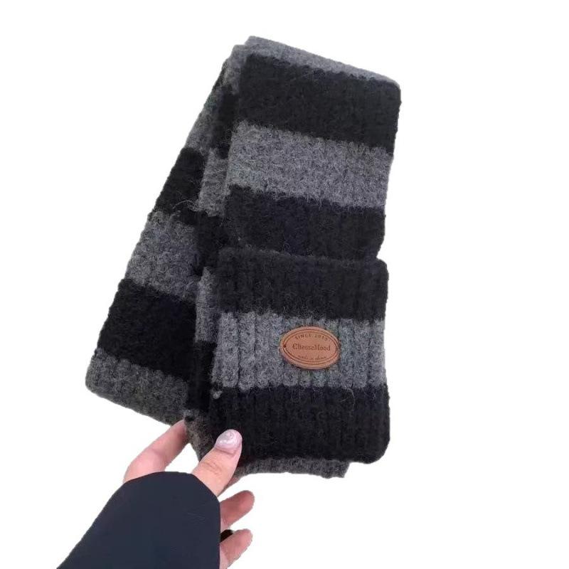 Winter Korean Style Scarf for Women Japanese Style Contrasting Stripes Versatile Simple Retro Wool Blended Knitted Warm Scarf for Men