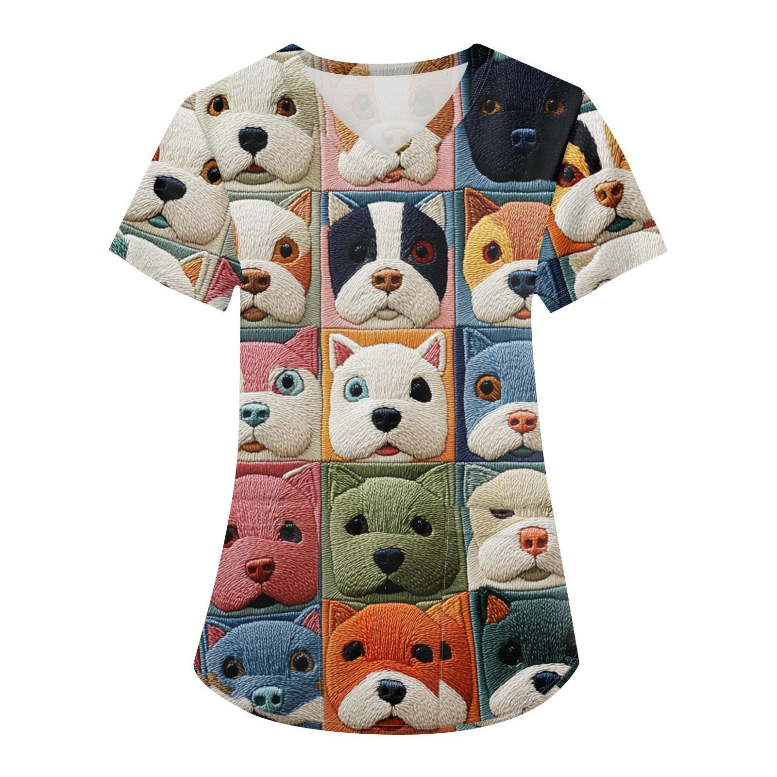 

Женская мода с v-образным вырезом, короткими рукавами и карманами, топы с принтом XXXXL