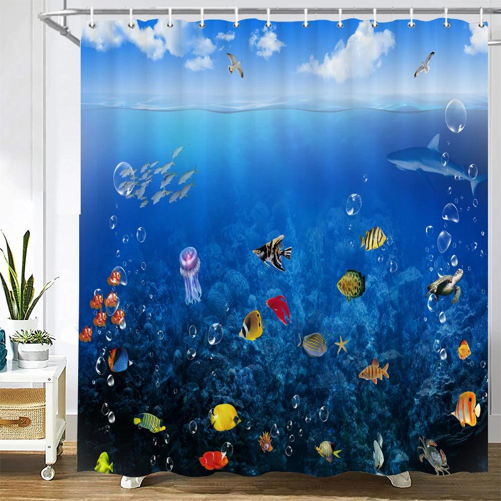 Dolphin Shower Curtain, Blue Underwater World Marine Life , Polyester Fabric Kids Ocean Theme Bathroom Decor Set with 12 Hooks
