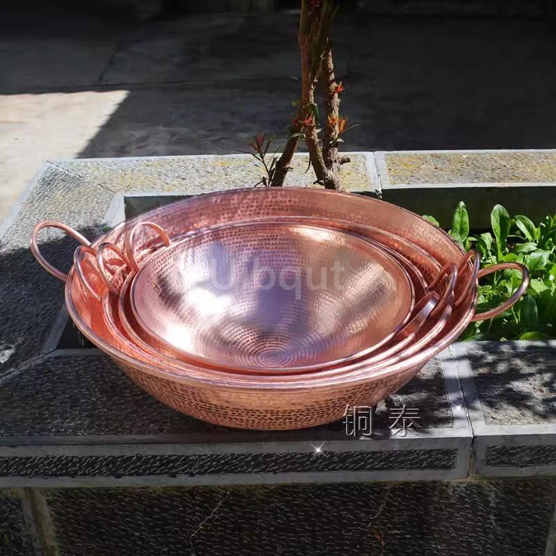 Hand Forged Pure Copper round Wok Pan with Dual Handles Thickened Stir Fry Hot Pot Cookware for Beef Stew Copper Pan cookware