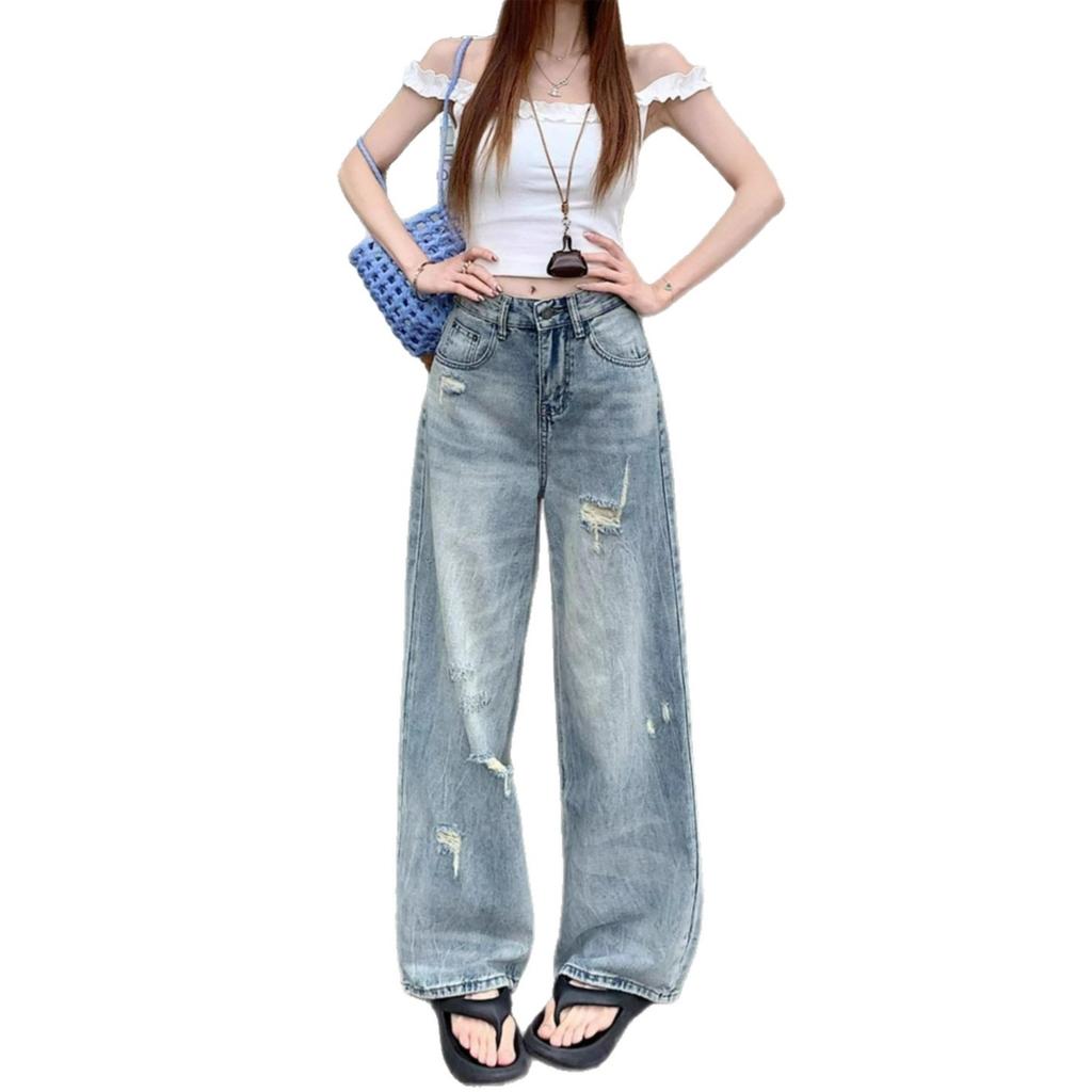 Designový smysl Roztrhané díry Velké velikosti Džíny Dámské Kalhoty se širokými nohavicemi Vysoký pas Volné Skinny Vlečné Rovné Kalhoty Džíny pro ženy Dlouhé Džínové Kalhoty