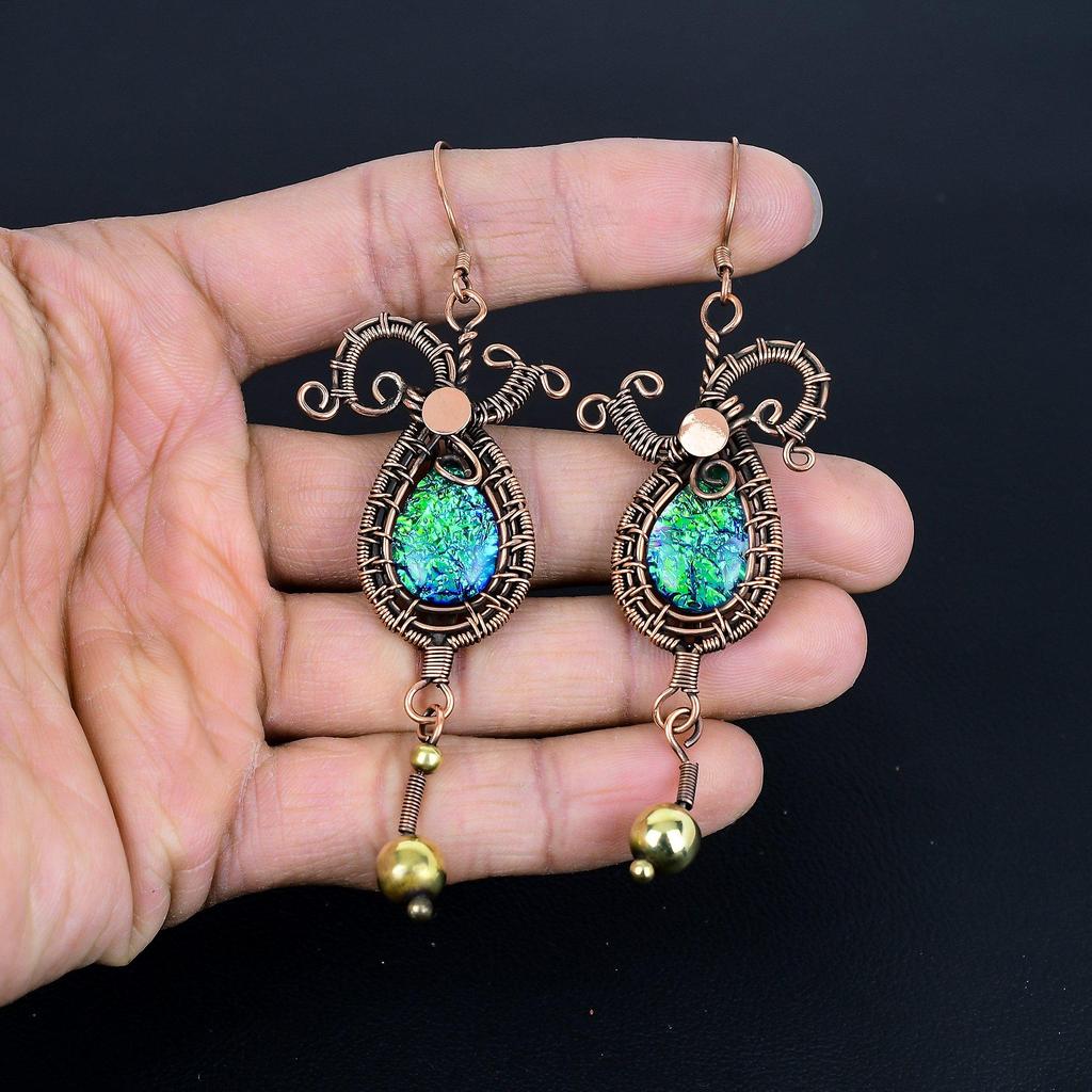 Green Flash Triplet Opal Earrings, 999 Copper Wire Wrapped Earrings, Handmade Gemstone Jewelry Earrings For Memorial Day