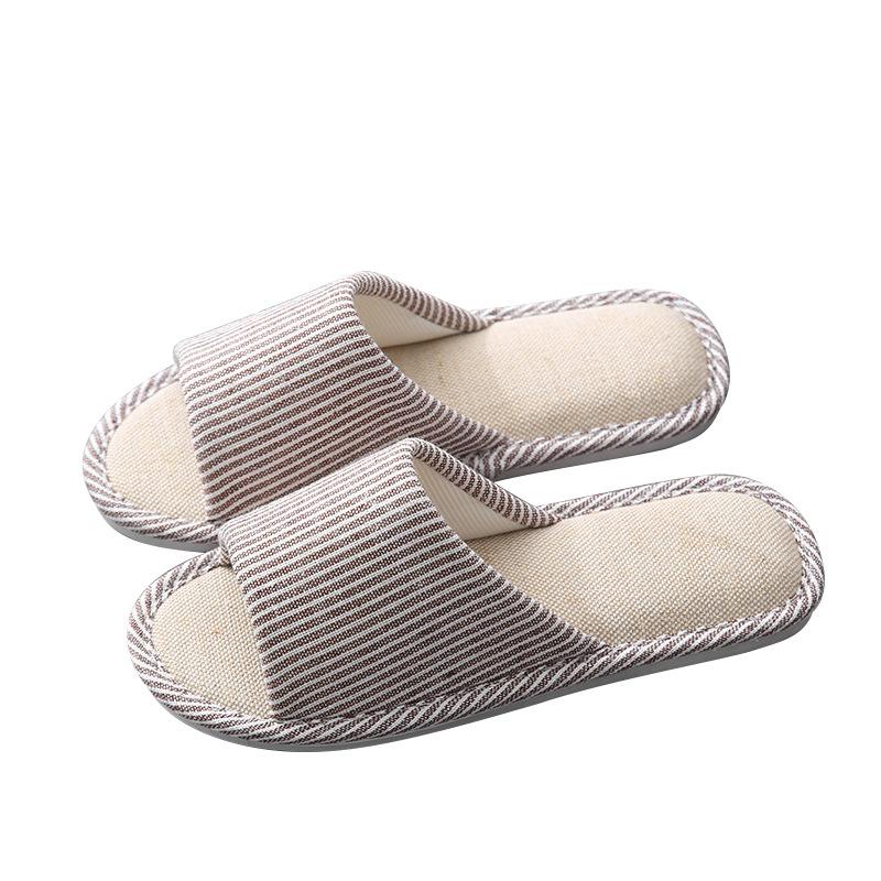 Slippers household women spring and autumn four seasons striped thick bottom non-slip men couple wooden floor linen cotton slippers summer