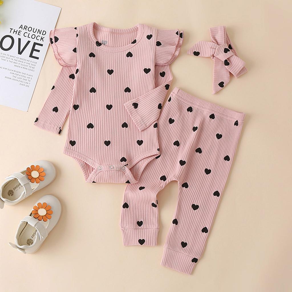 Toddler Kids Baby Girls Heart Print Ruffle Romper+Pants+Headbands Outfits