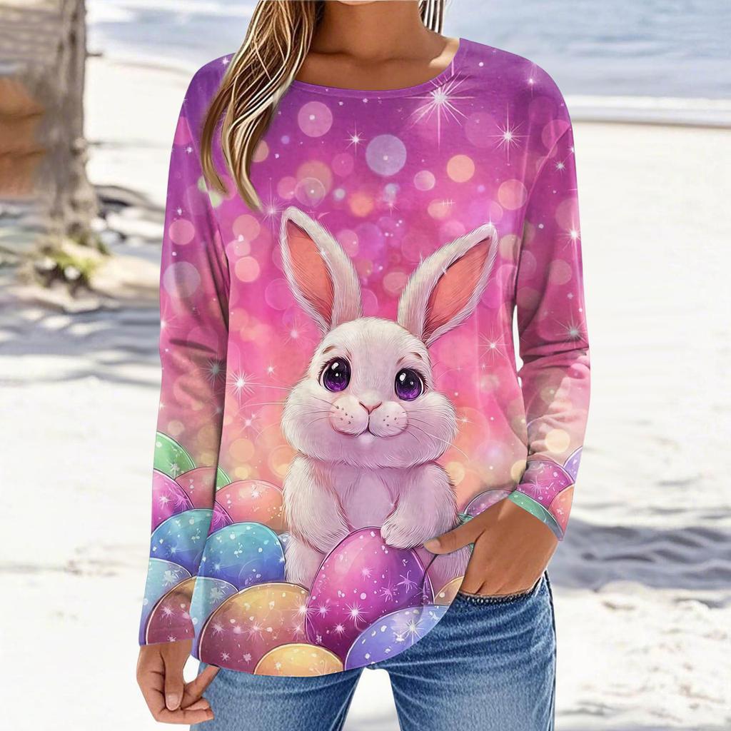 Women's Daily Casual Long Sleeved Easter Printed Round Neck Top