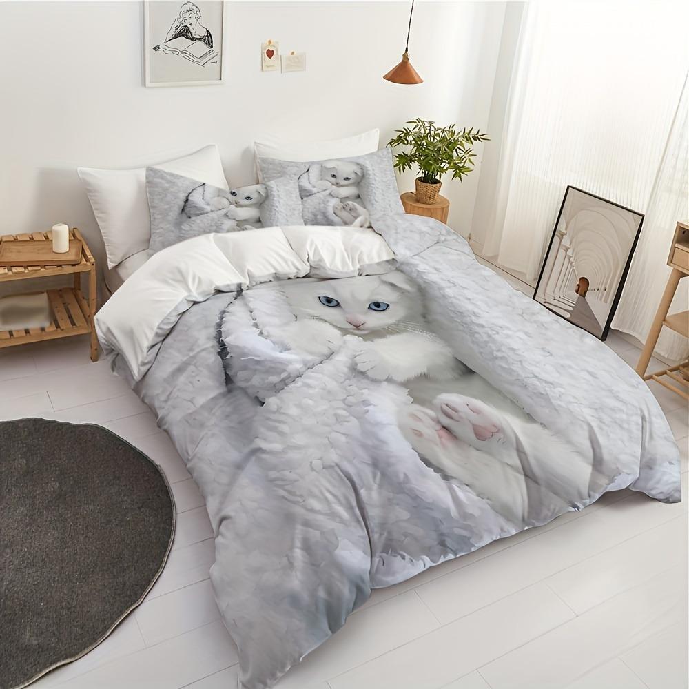3pcs White Bedding Set Lovely Little Cat 3D Printed Warm Duvet Cover Set King Queen Twin Single Size Birthday Gift Bedroom Decor