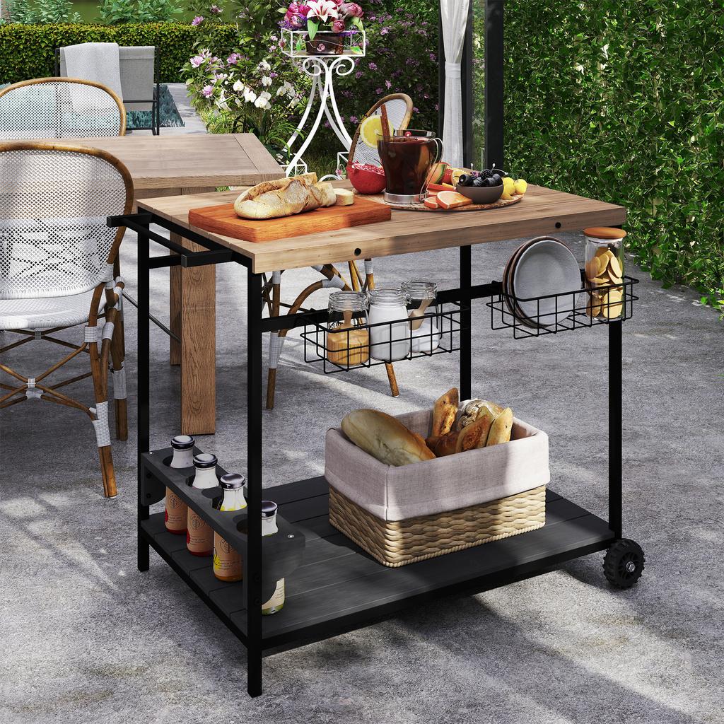 Serving Cart, Kitchen Cart, 2 Tiers, 4 Bottle Holders, In/Outdoor, Natural/Black