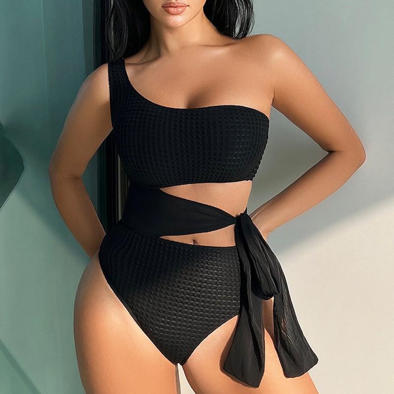 

Swimsuit Women s Solid Color Single Shoulder Sexy Strap Air One Piece Bikini S чёрный