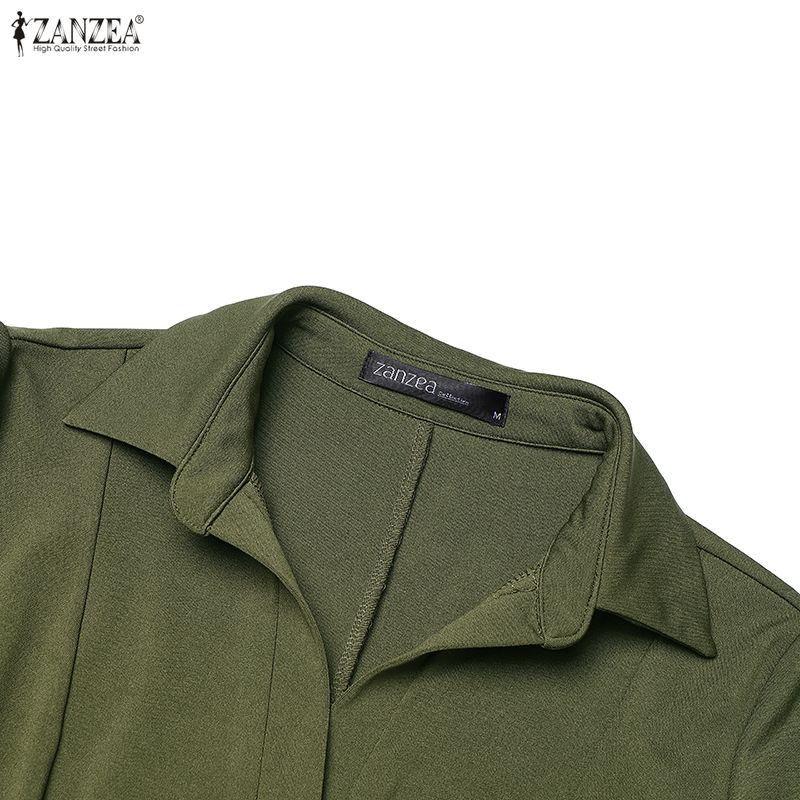 ZANZEA Women Casual Turn Down Collar Solid Color Half Sleeve Dress