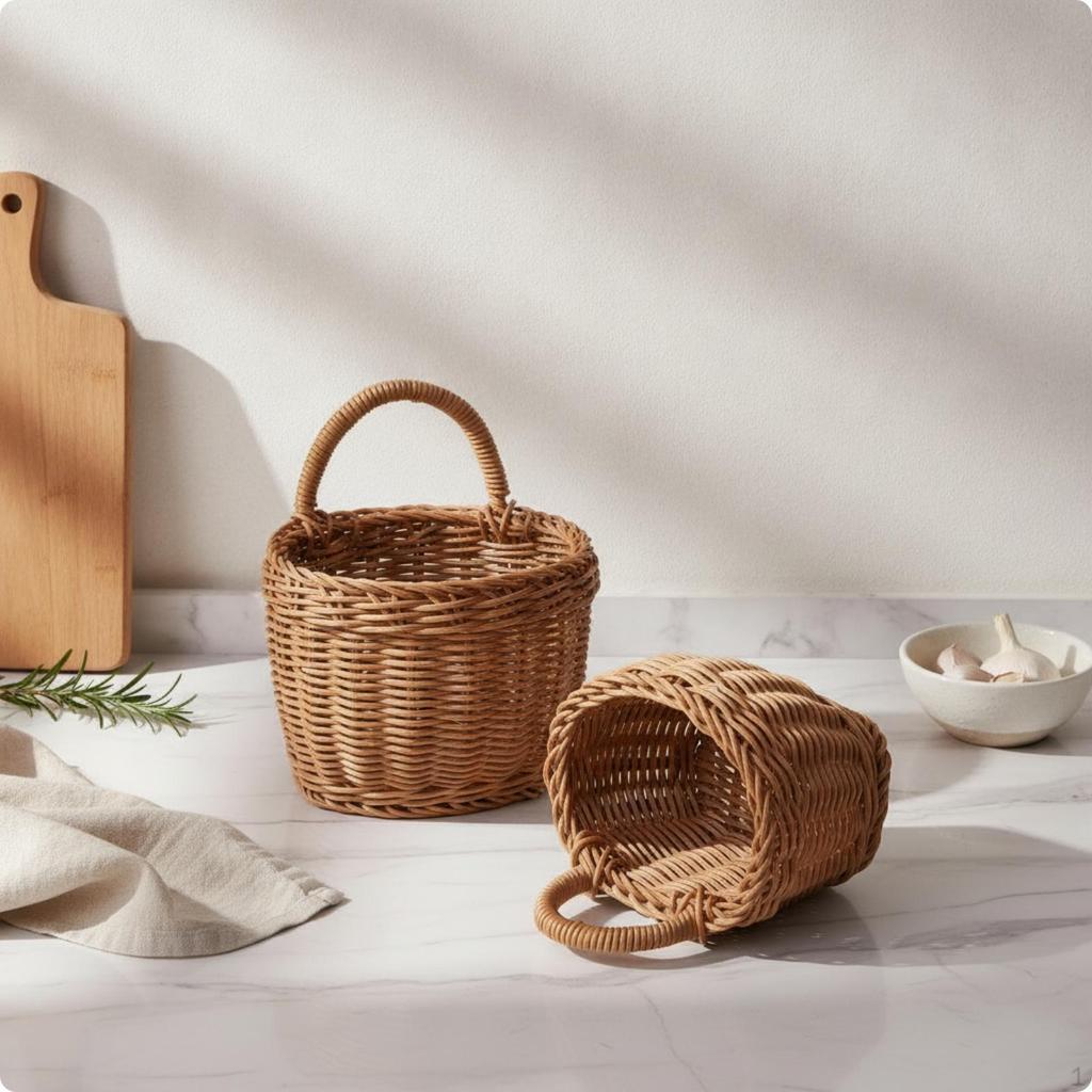 2 Pieces Woven Basket with Hook Wicker Wall Hanging Rustic Baskets for Kitchen, Entryway