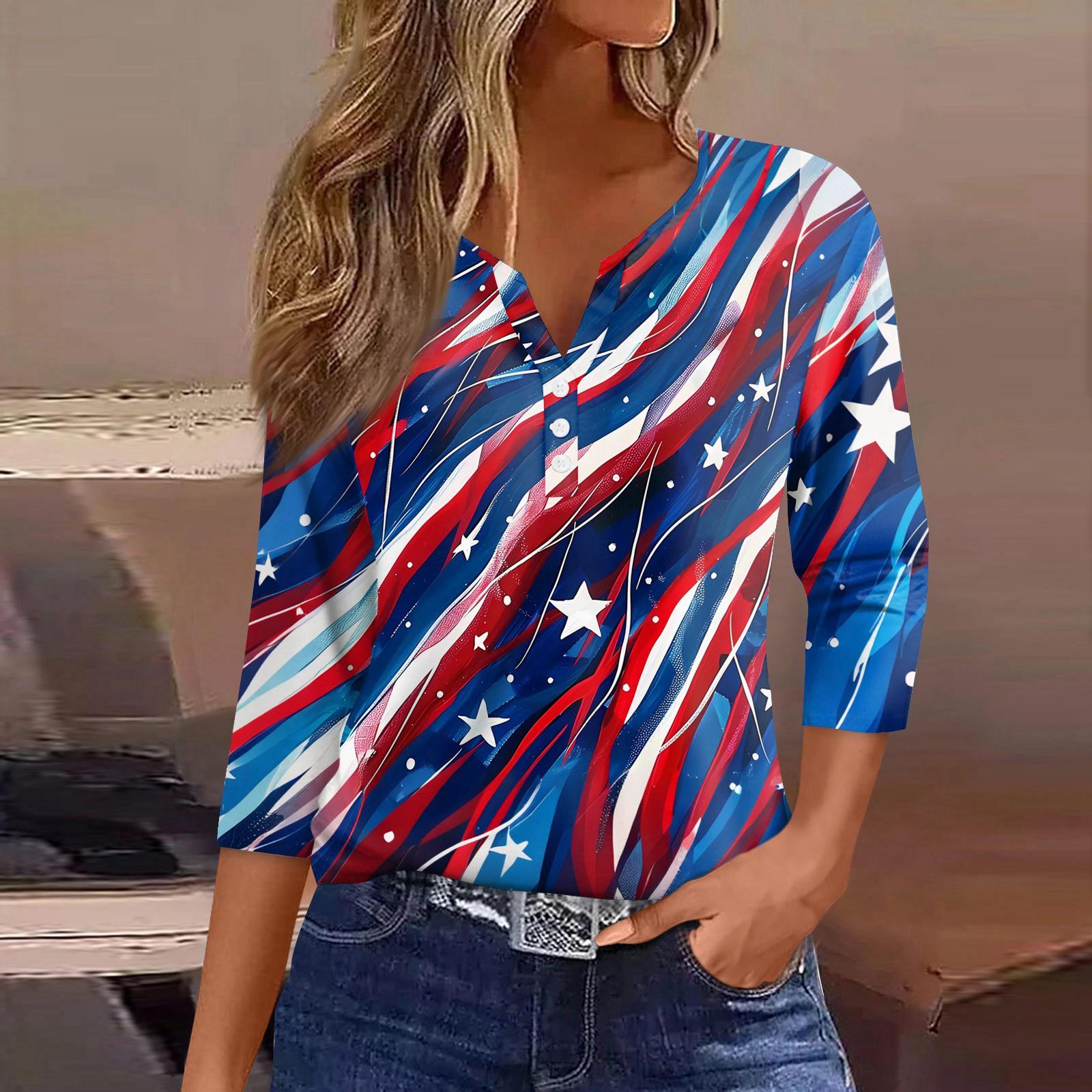 

Women s T Shirt Independence Day Print Button 3/4 Sleeve Daily Weekend Fashion Basic V- Neck Regular Top L синий