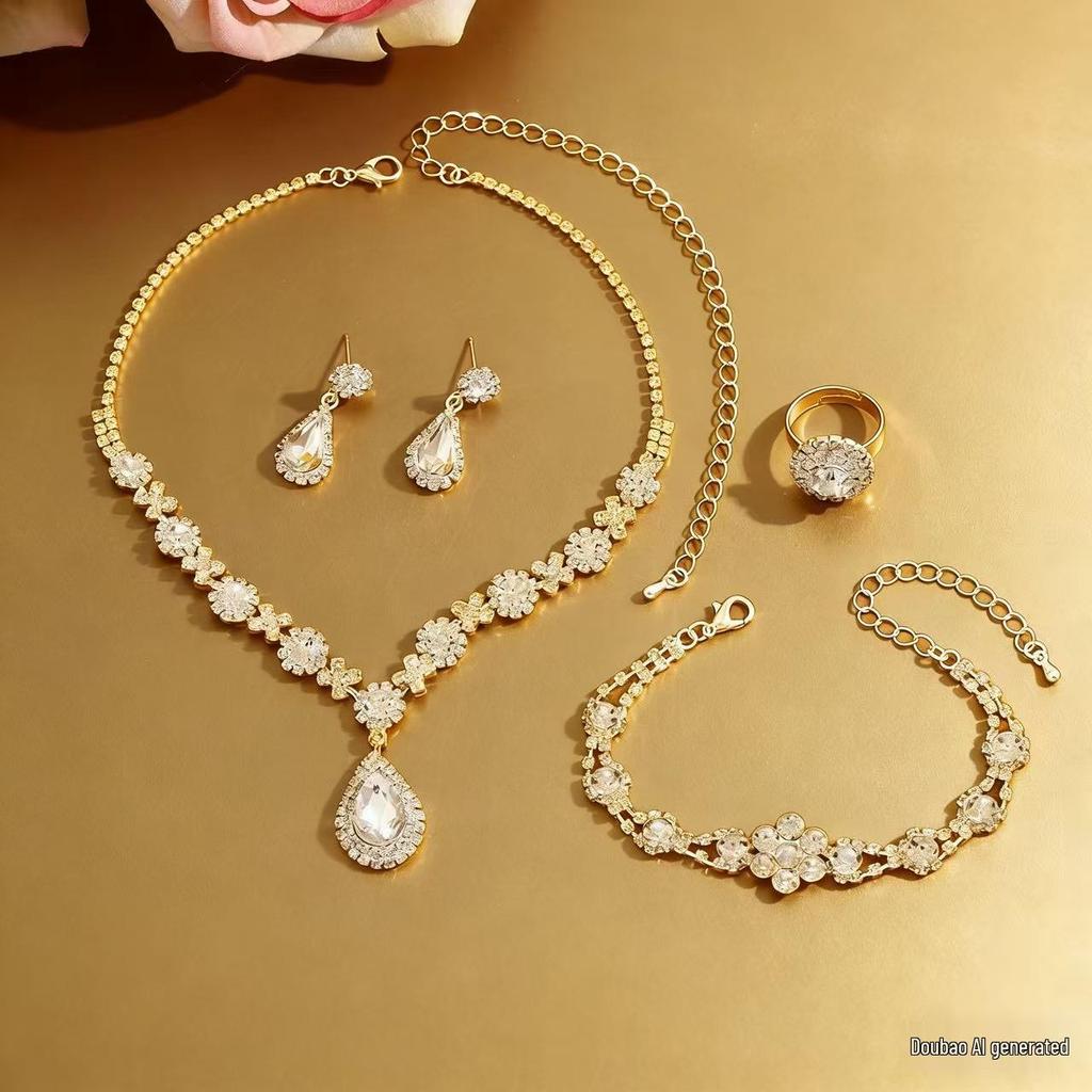 Elegant Crystal Gemstone Jewelry Set: Teardrop Necklace, Earrings, Bracelet, and Ring for Women