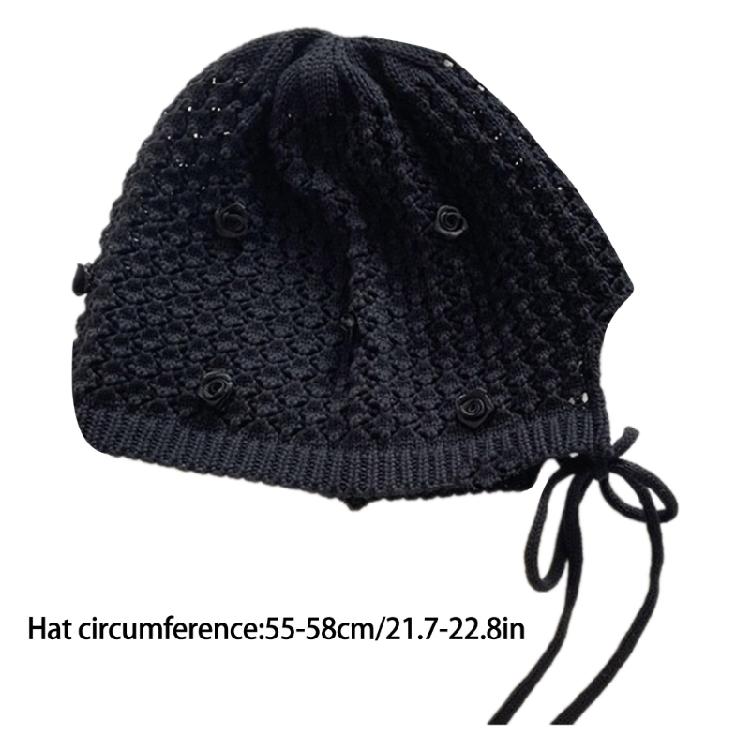 Popular Rose Flower Beanies Hat for Female Pullover Skull Hat Elegant Girl Knitting Hat Breathable Hollowed Slouch Hat
