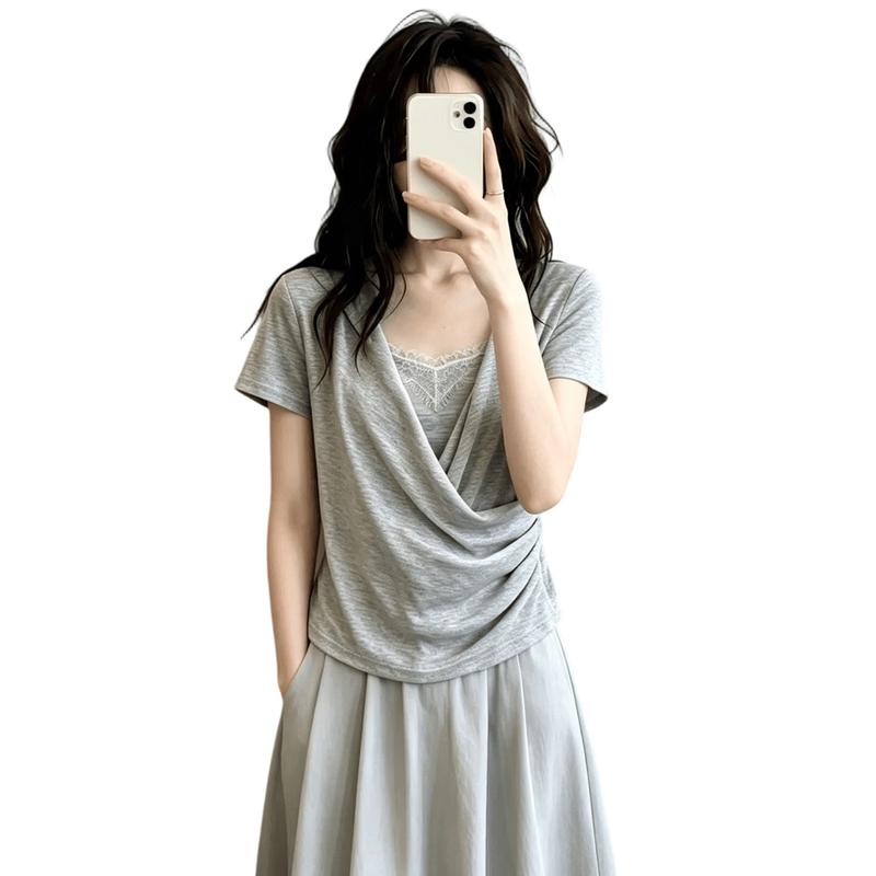 La Chapelle Women s Faux Two-Piece U-Neck T-Shirt M
