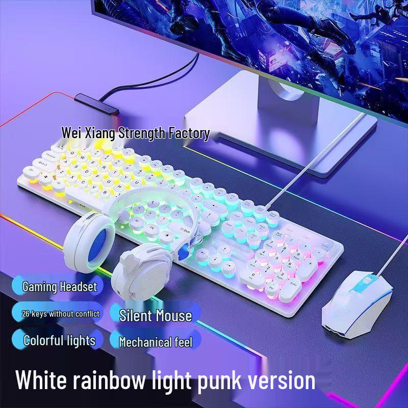 2026 Retro Punk Mechanical Feel Gaming Keyboard & Wired Headset for Desktop/Laptop