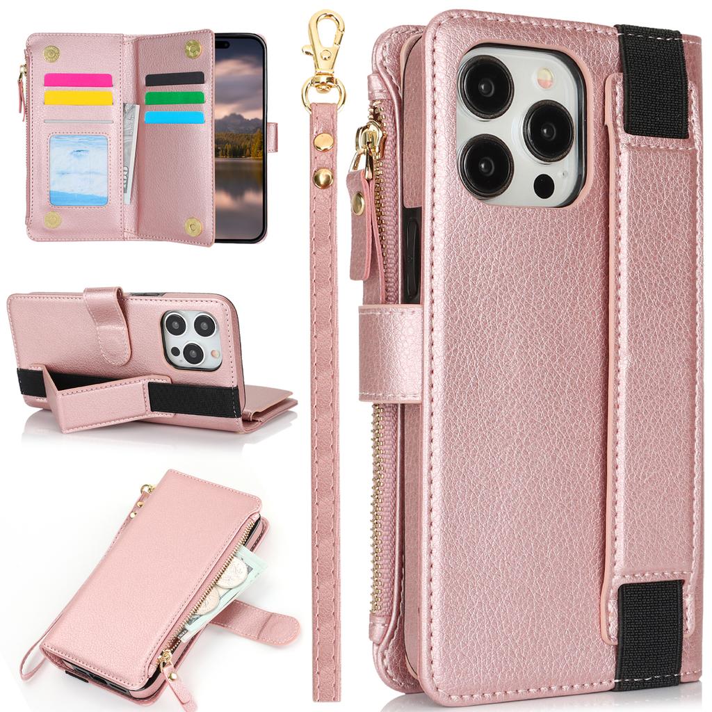 XL-001 For iPhone 15 Pro Case Zipper Pocket Wristband Stand Leather Phone Cover
