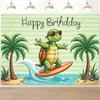 2D Tropical Beach Turtle Birthday Backdrop, Surf Themed Party Decor Banner