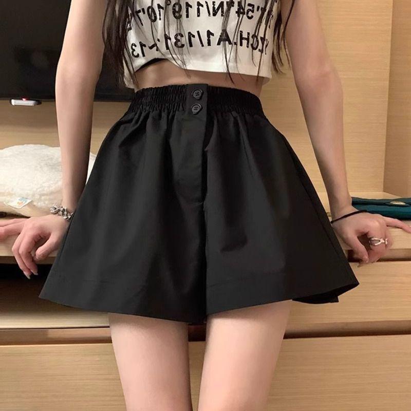 Women's Summer Washed Cotton Wide-Leg High Waist Shorts, Korean Style, Slimming, Solid Color, Versatile, Casual.