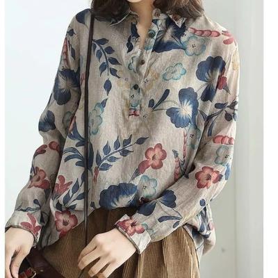 Damen Langarmshirt Urlaubs-Arbeitshemd Tunika Modisches Top Blumendruck Bluse Übergröße