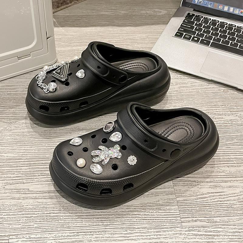 

New summer puff hole shoes diamond bear women s non-slip thick-soled heightening beach cool slippers outer wear women s 40/41 чорний