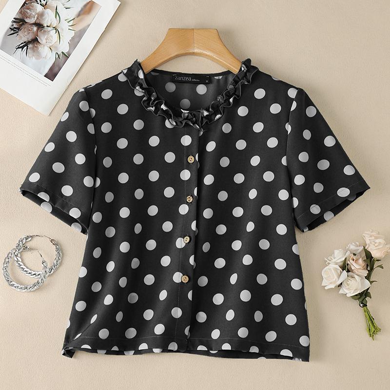 ZANZEA Women Casual Round Neck Polka Dot Print Short Sleeve Blouse