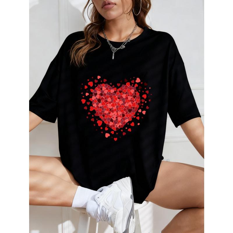 Vintage Oversized T-Shirt with Red Heart Collage Print – Romantic Edgy Heart-Themed Top