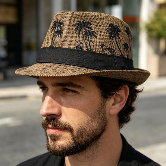 Dovolenkový plážový klobouk, Slaměný sluneční klobouk s vzorem kokosových palem, Klobouk v retro jazzovém stylu pro letní dovolené a bazénové párty