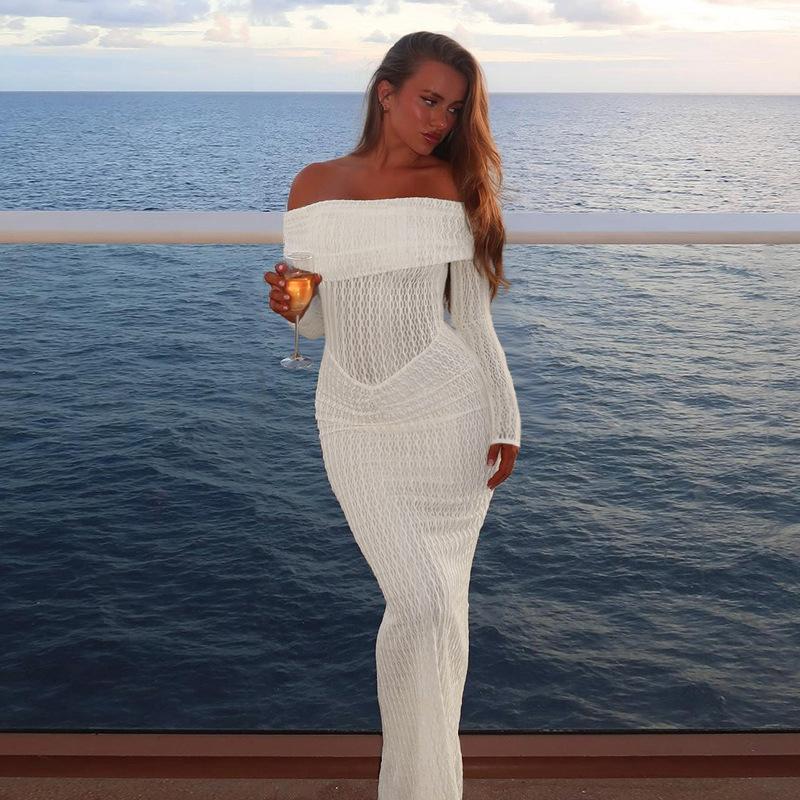 ZXPFO Hot-selling Temperament Evening Dress Dress Sexy Waist One-word Shoulder Texture Long-sleeved Dress