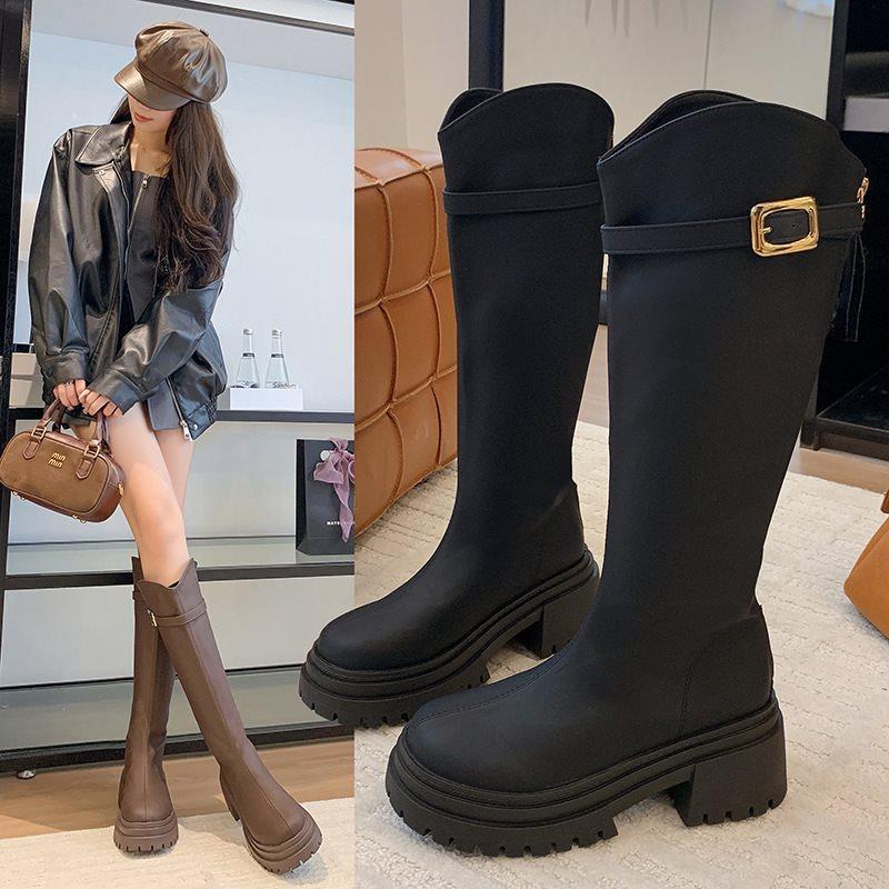 Dicksohlige V-hohe Stiefel mit neuem Retro-Gürtel, Samtstiefel für Herbst und Winter, Stiefel Stiefel Damen, dünne Schnalle, Ritterstiefel 2025