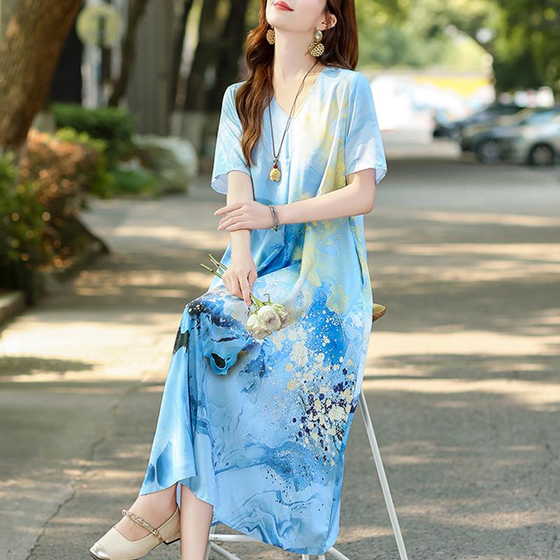 Women's Plus Size V-Neck Floral Long Dress – Short Sleeve Loose Fit Casual Dress with Pockets (Sizes XL-5XL)