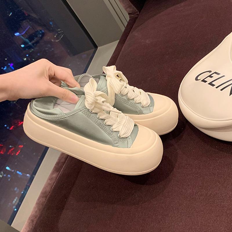 

Round Toe Glossy Satin Lace Up Flat Casual White Shoes for Women