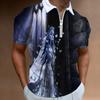 Trendy short-sleeve polo with zipper, chain print casual top.