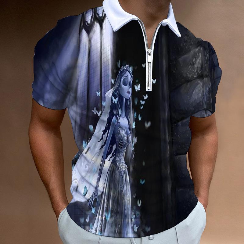 Trendy short-sleeve polo with zipper, chain print casual top.