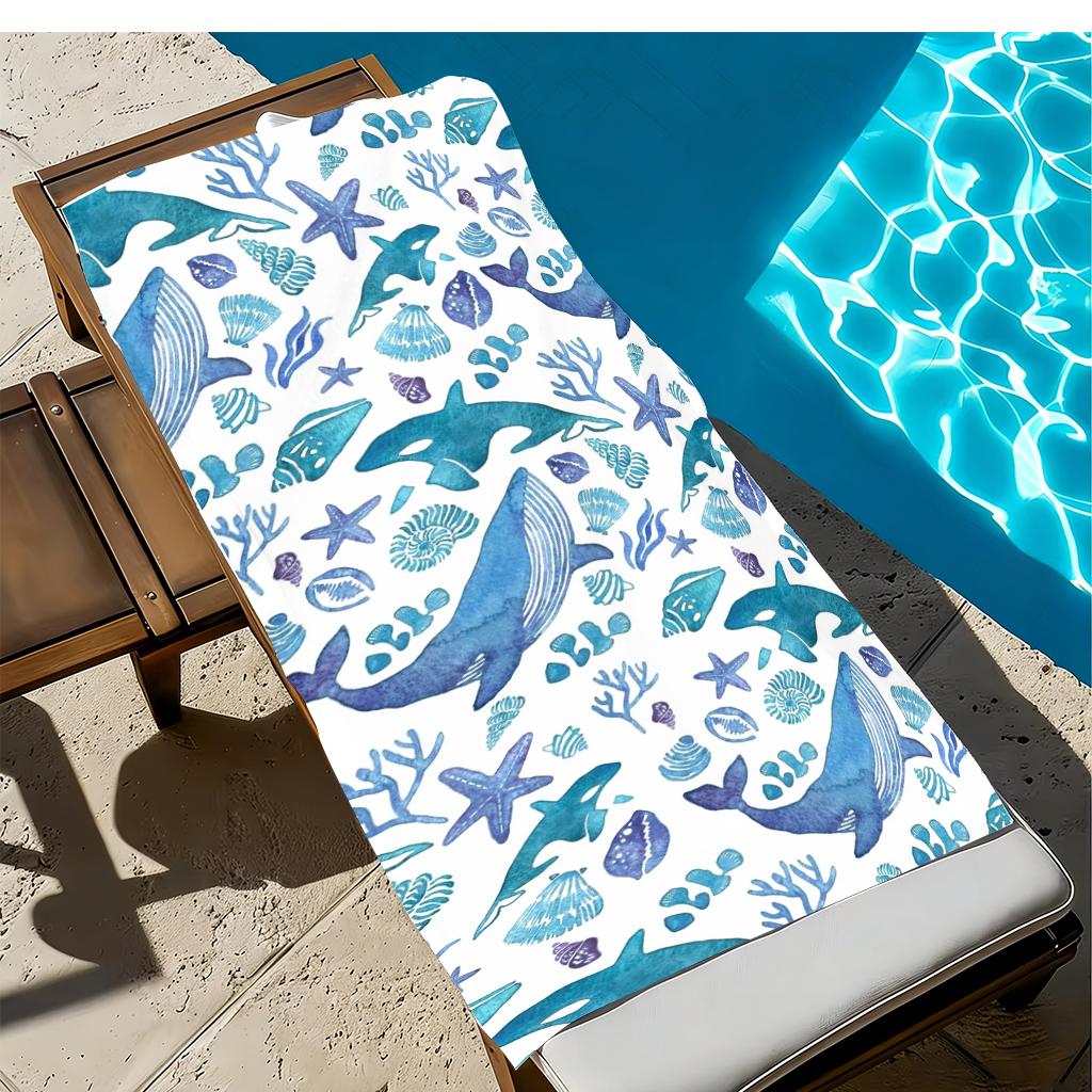 Watercolor Whale & Ocean Creature Beach Towel, Soft Microfiber Quick Dry Bath Towel, Sand-Free Large Towel for Summer Beach Pool