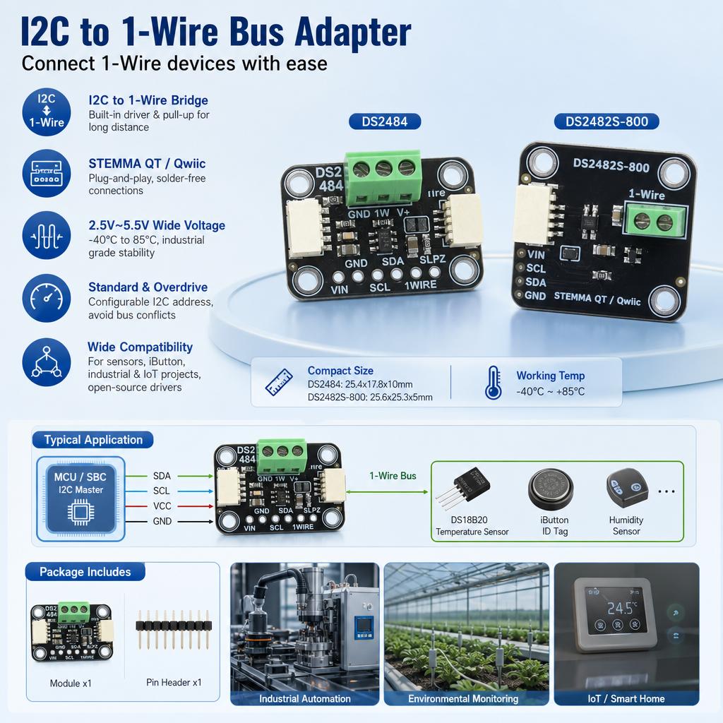 DS2482S 800 8 Channel I2C To 1 Wire Bus Adapter STEMMA QT Qwiic Interface Industrial Long Distance Wiring Sensor Driver Module