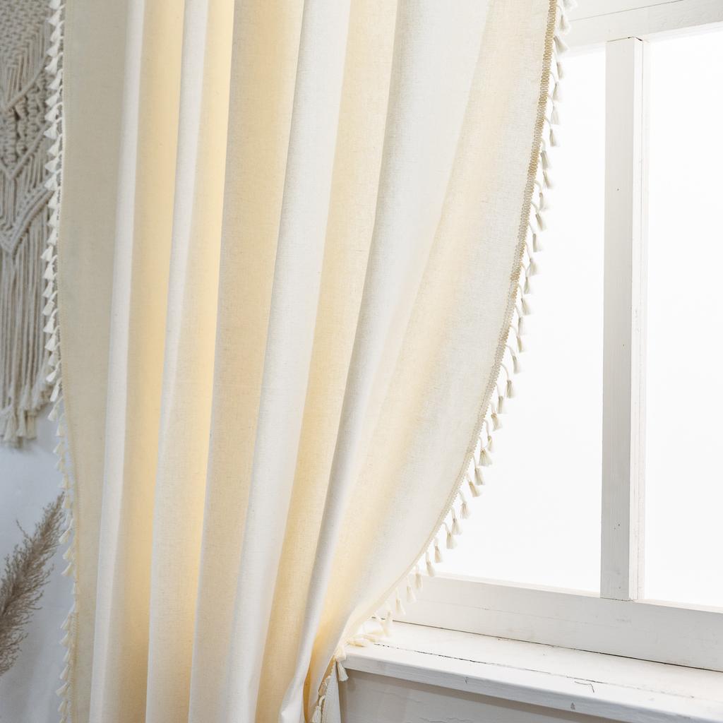 Curtain Finished Solid Color Cotton And Linen Fringed Semi-Blackout American Kitchen Floating Curtains Direct Supply