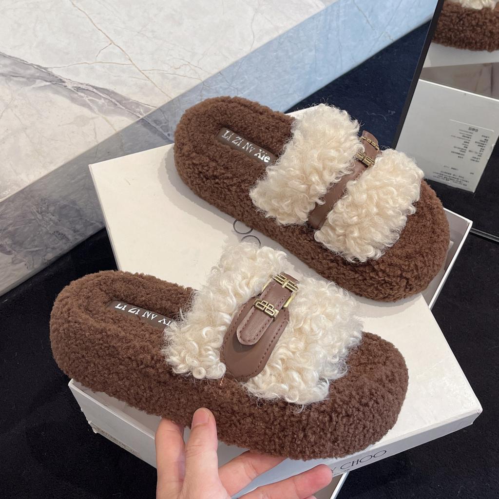 Premium fluffy slippers women's wear new autumn and winter thick-soled heightening casual plush cotton slippers