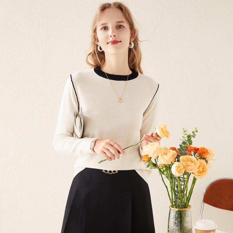 TUHUANG Women's Pure Wool Color Block Crew Neck Pullover Sweater