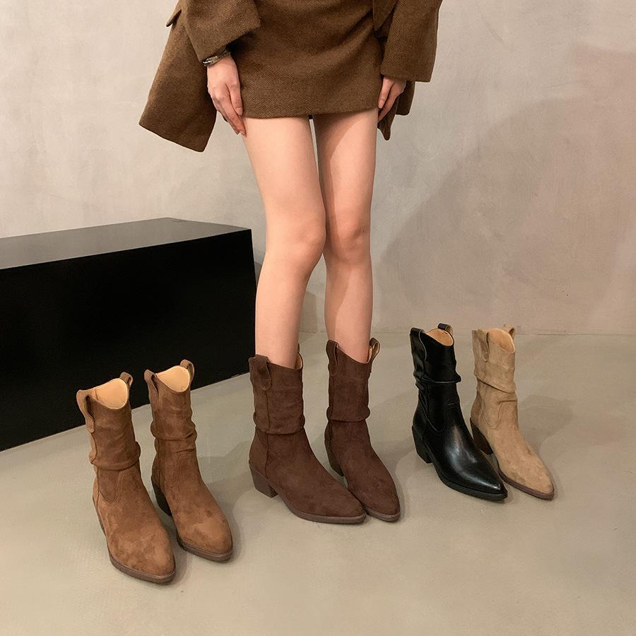 Thick Heel Retro Pointed Mid Boots Knight Boots Women's 2025 New Autumn and Winter Stacking Short Boots Suede Martin Boots