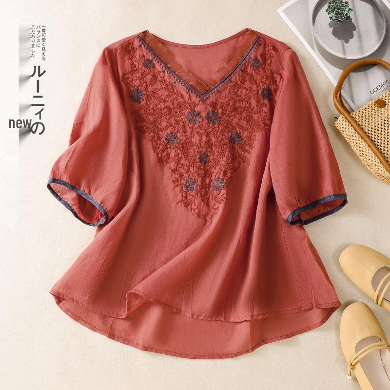 2025 Women's Summer Cotton Linen Embroidered V-Neck Loose Retro Pullover Shirt