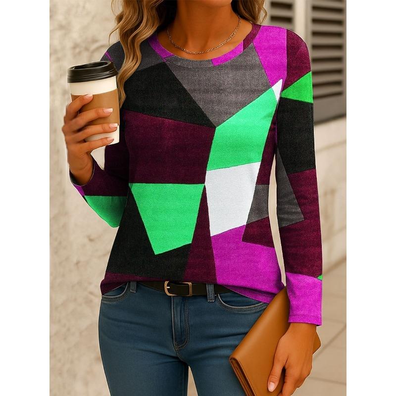 Women's T-shirt 3D irregular geometric print fashionable long-sleeved round neck regular top holiday spring and autumn